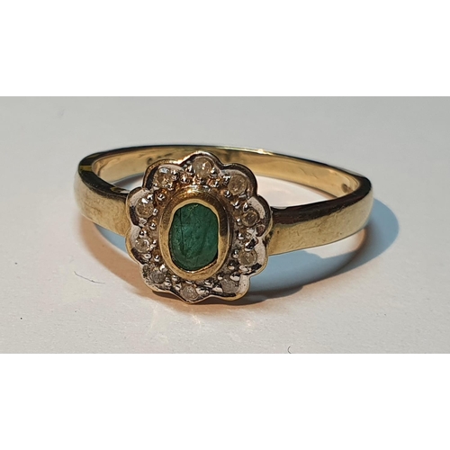 308 - 9ct gold emerald and diamond cluster ring, hallmarks for London, ring size N, 2gms.