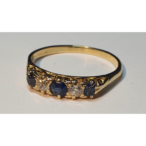 313 - An 18ct gold sapphire and old-cut diamond five-stone ring. Estimated total diamond weight 0.20ct, H-... 