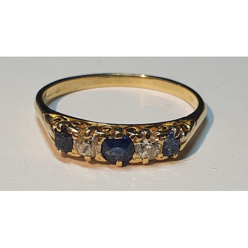 313 - An 18ct gold sapphire and old-cut diamond five-stone ring. Estimated total diamond weight 0.20ct, H-... 