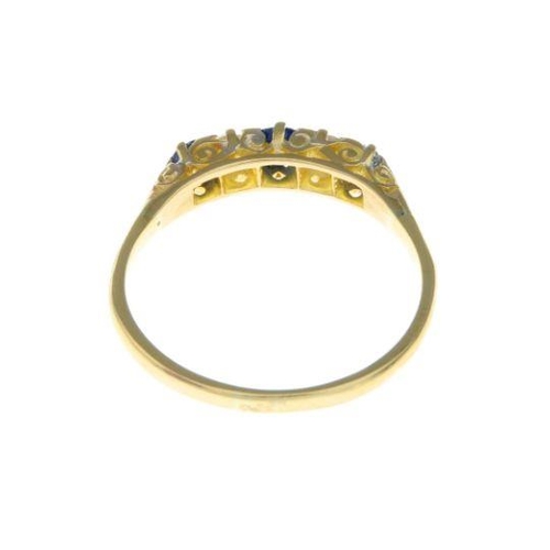 313 - An 18ct gold sapphire and old-cut diamond five-stone ring. Estimated total diamond weight 0.20ct, H-... 