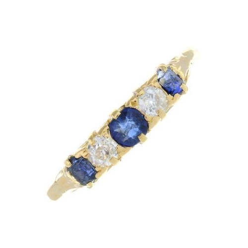 313 - An 18ct gold sapphire and old-cut diamond five-stone ring. Estimated total diamond weight 0.20ct, H-... 