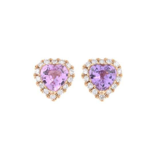 314 - A pair of pink sapphire and diamond heart-shape earrings. Total sapphire weight 0.78ct, stamped to m... 