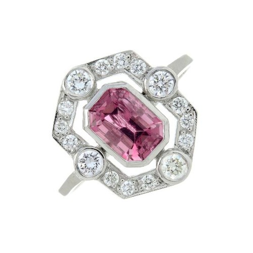 317 - A pink tourmaline and brilliant-cut diamond cluster ring. Tourmaline calculated weight 1.10cts, base... 
