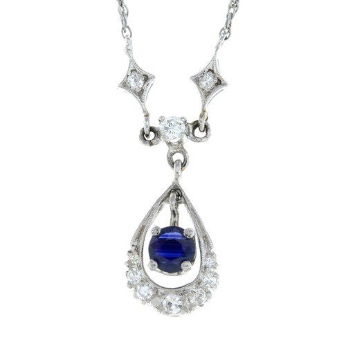 323 - A sapphire and single-cut diamond necklace. Stamped 14K.Length 38.5cms. 3.1gms.