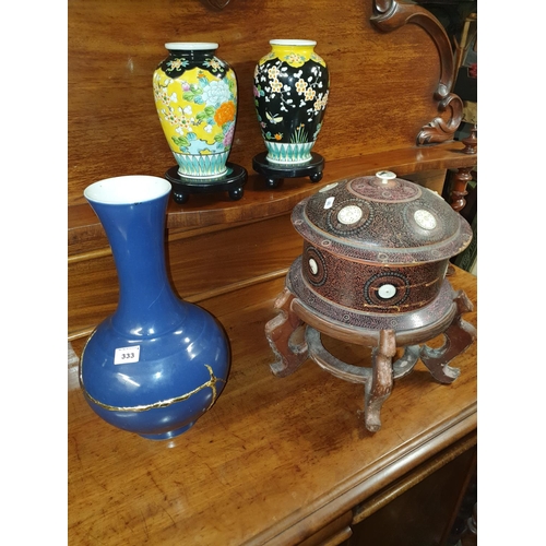333 - A quantity of Oriental Vases along with a timber sewing box of some age.