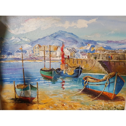 343 - An Oil on Canvas of boats moored, an Oil of an Alsatian dog, another picture and a quantity of Natio... 