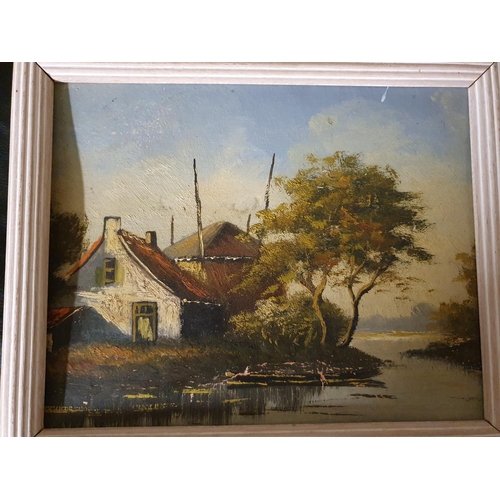 343 - An Oil on Canvas of boats moored, an Oil of an Alsatian dog, another picture and a quantity of Natio... 