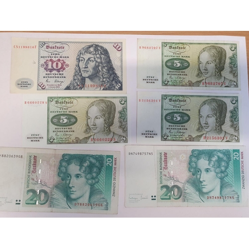 330e - A quantity of German DeutscheMarks. 6 x 5DM (1980 UNC). 2 x 10DM (1980 ABT). 2 x 20DM (1993 XF) alon... 