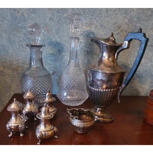 155 - An Indian Salt, possibly Silver, along with other condiments, two decanters and a coffee pot.