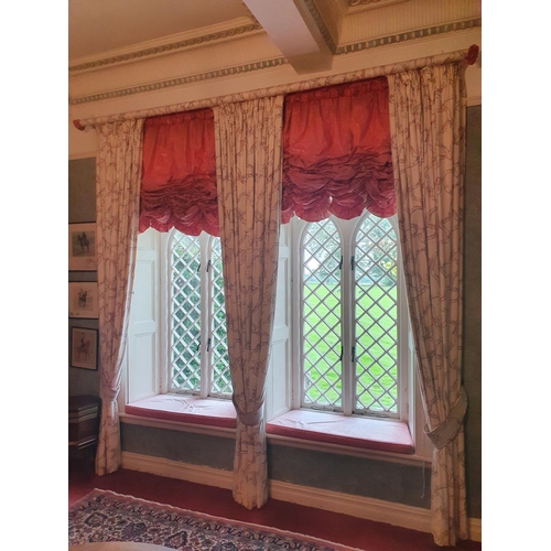 156 - A lovely set of three Curtains with tie backs on curtain pole and swags and window seat cushions. Dr... 