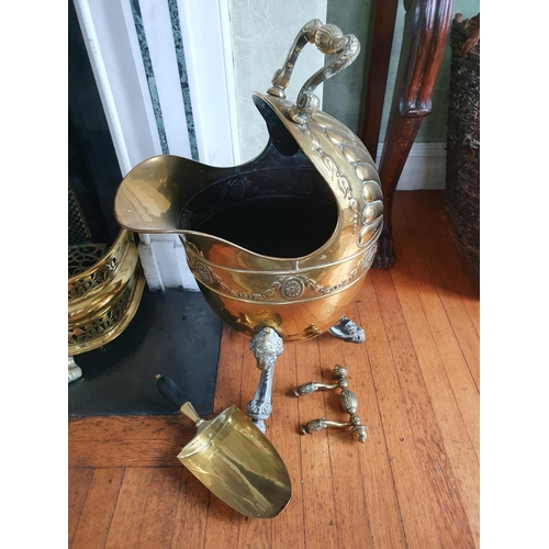 2 - A really good 19th Century Brass Coal Helmet, possibly Irish, with rams head supported feet and fan ... 