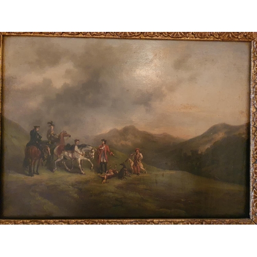 65 - A 19th Century Oil on Board in the manner of George Wright of a Scottish Highland Hunting party. Mon... 