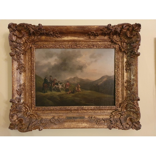 65 - A 19th Century Oil on Board in the manner of George Wright of a Scottish Highland Hunting party. Mon... 