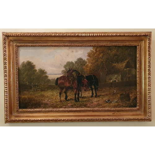 66 - Attributed to J F Herring II 1815 - 1907. A pair of Oil on Canvas of horses in a paddock. Signed LL.... 