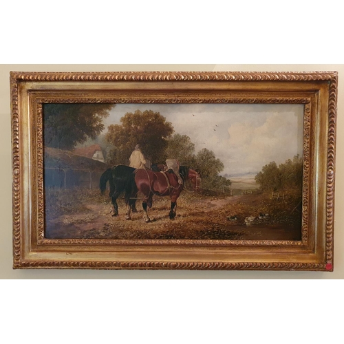 66 - Attributed to J F Herring II 1815 - 1907. A pair of Oil on Canvas of horses in a paddock. Signed LL.... 