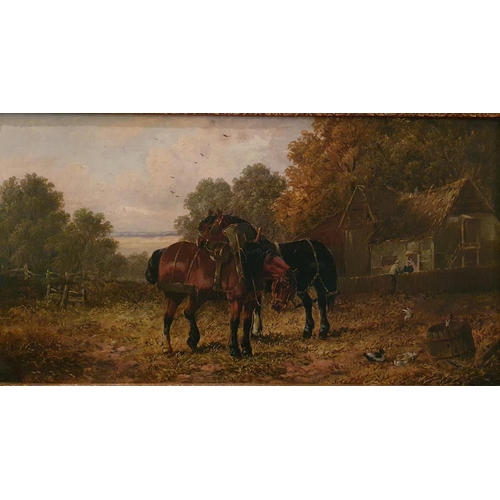 66 - Attributed to J F Herring II 1815 - 1907. A pair of Oil on Canvas of horses in a paddock. Signed LL.... 