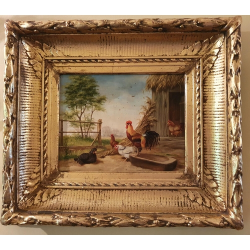 67 - A pair of 19th Century Oils on Panel of a Cockerel and Chickens in a yard by Kerekes. 18 x 23cm appr... 