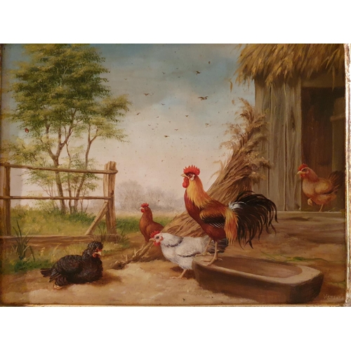 67 - A pair of 19th Century Oils on Panel of a Cockerel and Chickens in a yard by Kerekes. 18 x 23cm appr... 