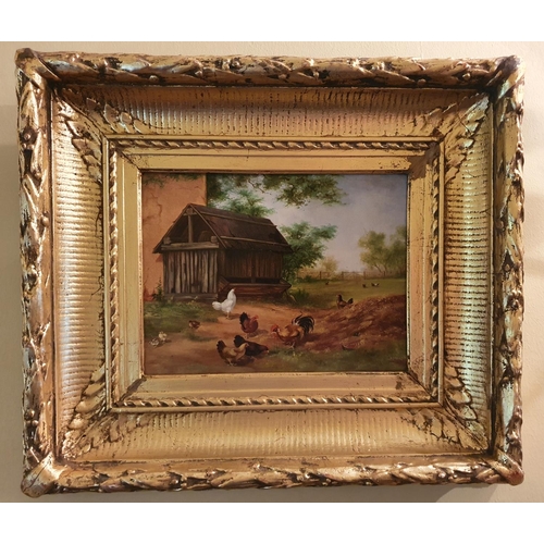 67 - A pair of 19th Century Oils on Panel of a Cockerel and Chickens in a yard by Kerekes. 18 x 23cm appr... 