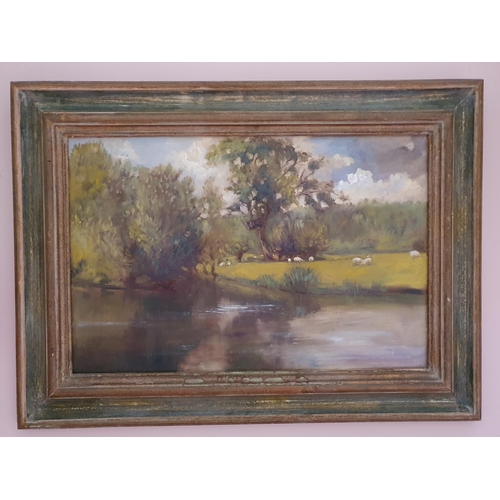 80 - An Oil on Board of sheep beside the Thames by Elizabeth Parsons. Signed LL. 39 x 59cm approx.