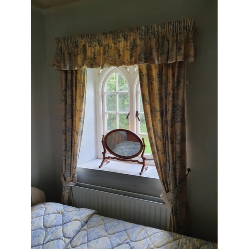 527 - A good pair of Curtains with yellow and floral ground. Inc. Pelmet. Not double lined. Drop 220 x Pel... 