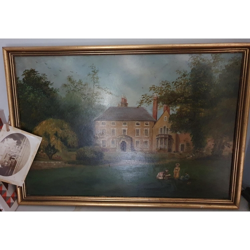 531 - An Oil on Board. The Manor House, Brampton Ash.  Northants. Painted 1886 with photo and inscription ... 