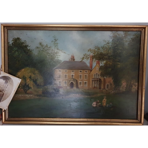 531 - An Oil on Board. The Manor House, Brampton Ash.  Northants. Painted 1886 with photo and inscription ... 