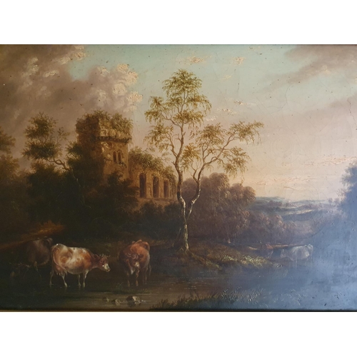 539 - A good 19th possibly 18th Century Oil on Canvas of cattle beside a ruin. H29 x W44cm approx.