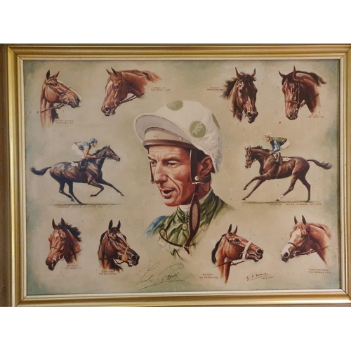 547 - After G E Hoare. A Limited Edition Coloured Print of Lester Piggott and his Derby wins. Signed by Le... 