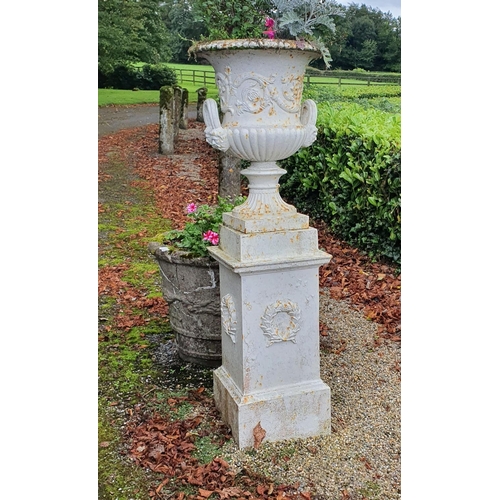 739 - A Fantastic pair of Cast iron Urns on stands with highly moulded detail. Originally came from Summer... 