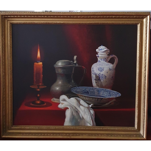 396 - K Ruge. British born 1910 in Brighton. An Oil on Canvas Still Life with a burning candle, pewter tan... 