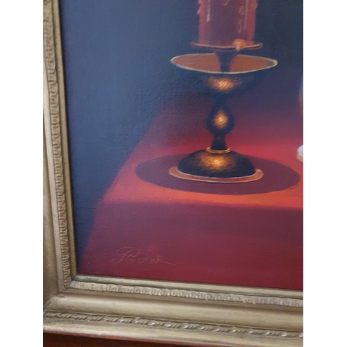 396 - K Ruge. British born 1910 in Brighton. An Oil on Canvas Still Life with a burning candle, pewter tan... 