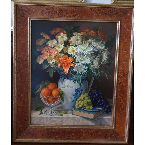 399 - Diane Branscombe 20th Century. An Oil on Board still life with Flowers and fruit. Signed and dated 1... 