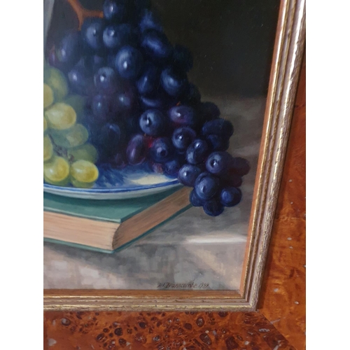 399 - Diane Branscombe 20th Century. An Oil on Board still life with Flowers and fruit. Signed and dated 1... 