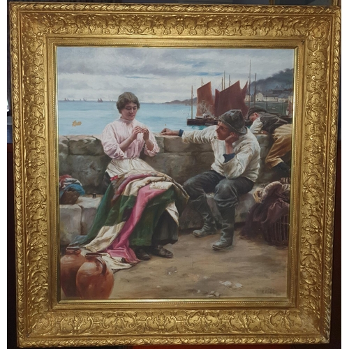 398 - Kate Ashcroft early 20th Century. An Oil on Canvas 'Cornish Courtship'. A young couple seated on a q... 