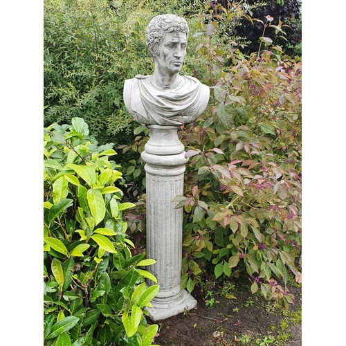 765 - A really good stone Statue of a Roman God on tall Stand. Column 91 cm ,Bust 62 cm approx.