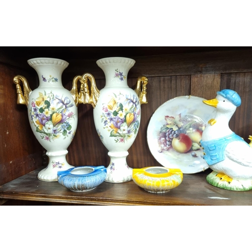 66 - A good pair of transfer decorated Vases along with two Shelly ashtrays and other items. Vases H 30 c... 