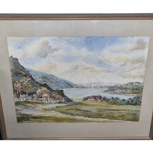 75 - Fay Murphy. A 20th Century Watercolour of a lake scene with village to the fore. Signed LL. 37 x 49 ... 