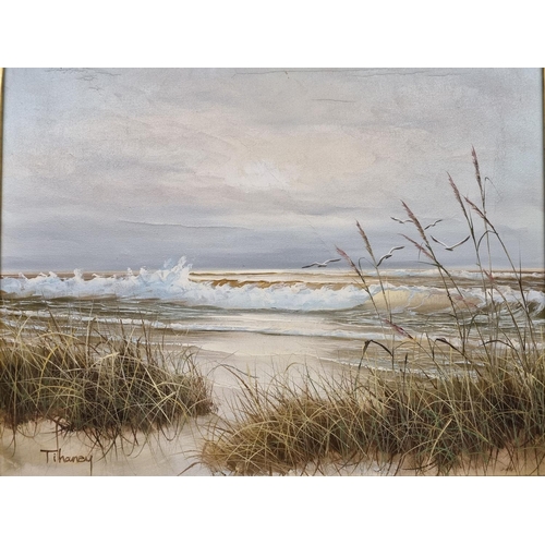 107 - A 20th Century Oil on Canvas of sand dunes and waves breaking on a seashore. Signed Tihaney LL. In a... 