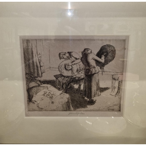 108 - Erlund Hudson (British 1912-2011). A 19th Century Engraving of two women sewing hats. Well framed in... 