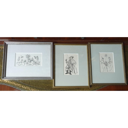 65 - Three good prints along with a picture of Owls and others. 23 x 19 cm approx.