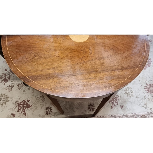 84 - A 20th Century Mahogany half moon Table with satinwood inlay on square tapered supports. w 91 x 42 x... 