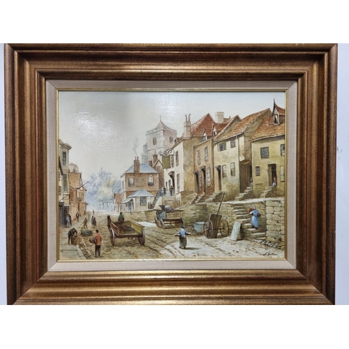 712 - S Butler. A 20th Century Oil on Panel of a street scene in a good gilt frame. 30 x 40 cm approx.