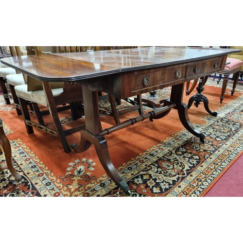 732 - A 19th Century Mahogany Sofa Table with twin frieze drawers on splayed stretcher base. 69 x 156 x H ... 