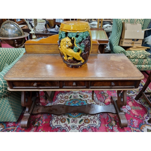 701 - A good 19th Century Mahogany triple drawer Side Table with lyre ends and stretcher supports. 120 x 5... 