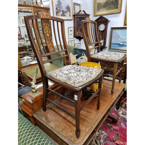 702 - A good pair of Edwardian Mahogany Inlaid Salon Chairs with bar backs. W 41 x SH 42 x BH 86 cm approx... 