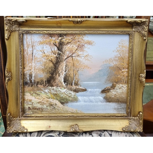 703 - A modern Oil on Canvas of a river scene by D Howes. In a gilt frame. 20 x 25 cm approx.