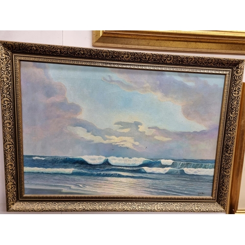 706 - A 20th Century Oil on Canvas of breaking waves on the seashore with a lighthouse in the distance. By... 