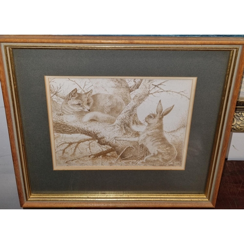 717 - A black and white Engraving of a Fox and a Rabbit. No apparent signature.