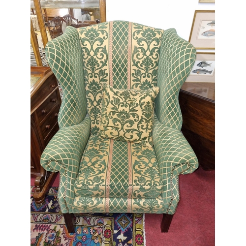 720 - Nearly as new. A really good Modern Wingback with diamond gold and green fabric. W 83 x SH 47 cm app... 